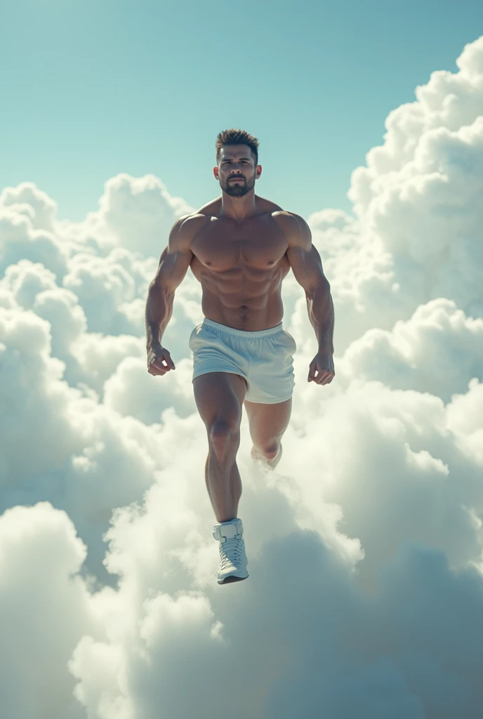 A bodybuilder walking on clouds with his cloud shoes


