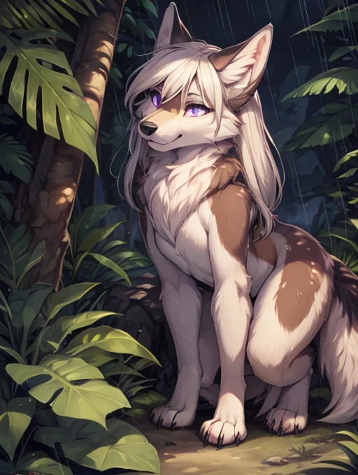 Naomi, solo, female, (slim), (white female anthro wolf):1.3, standing, (brown tribal clothing, skimpy) detailed eyes, wolf tail, long white hair, (detailed eyes, purple eyes, glowing eyes):1.1, (outdoors:1.35), in a jungle, (heavy rain):1.4, night, detailed background, 8k HD, (dark shadows, wide dynamic range, hdr, low light:1.2), (by gudlmok99, by sleepiness18, by claweddrip) full body shot, feet in frame, 4 toes, feet paws, hiding in foliage, crawling