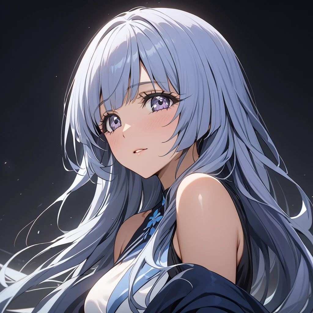 （Enrich the picture，Masterpiece level quality）Beautiful 8K CG artwork,1girl,solo,rinko akiyama(taimanin),detailed face, perfect face, perfect eyes,purple eyes,Long Hair,Very long hair,hair between eyes,blue hair,big boob,Slim and soft,big breasts,in the bed,