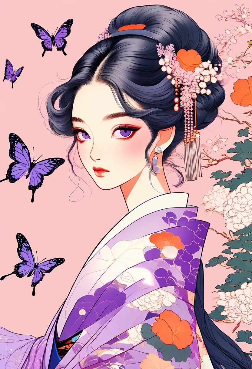 A mesmerizing surreal illustration of a young japanese woman resembling Shinobu Kouchou. She has black hair, purple eyes, a butterfly hair ornament, and wears a vibrant pastel colored outfit adorned with intricate floral patterns. Freckles dot her smooth, warm complexion, and bold, colorful tattoos cover her arms and legs. The tattoos feature traditional Japanese motifs like flowers and mythical creatures, rendered with meticulous detail in a pastel color palette. The background is a vintage floral-patterned wallpaper that complements the artwork's colors. The line work is precise, with delicate shading that gives the illustration a 3D quality. The artwork fuses modern illustration techniques with traditional Japanese aesthetics, resulting in a visually striking, portrait,