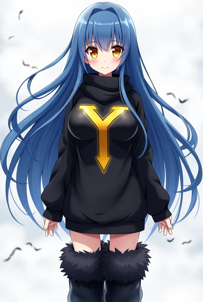 Anime style girl with long blue hair, almost orange yellow eyes with a sweater that reaches to her feet with black furry boots, the black sweater with a black scarf and with a yellow and golden colored y in the middle of the sweater, tall and with large and noticeable breasts and with a short skirt 