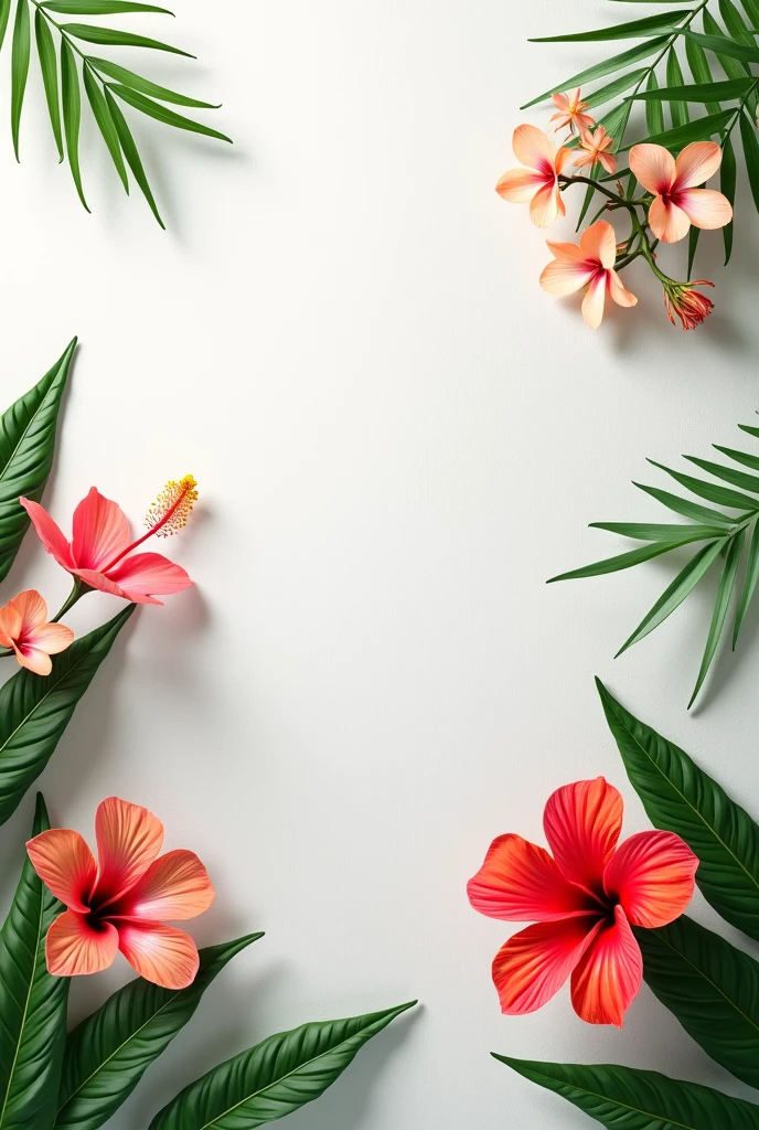 a white textured background with some realistic tropical flowers with a blank space to place cosmetic products. 