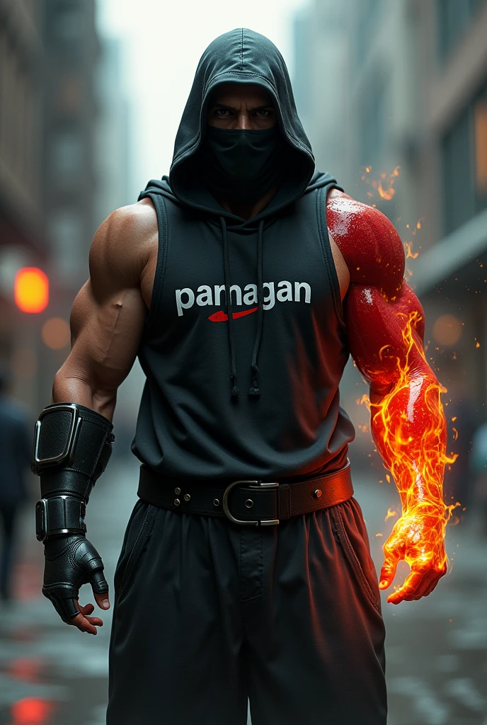 Generate a man big muscle.
wearing a hoodie and a mask covering his entire face, 
his left hand is large burning iron.
Outfit: black and red cybordpuck with clear and not hidden print "PAMAGAN".
Background Realistic 