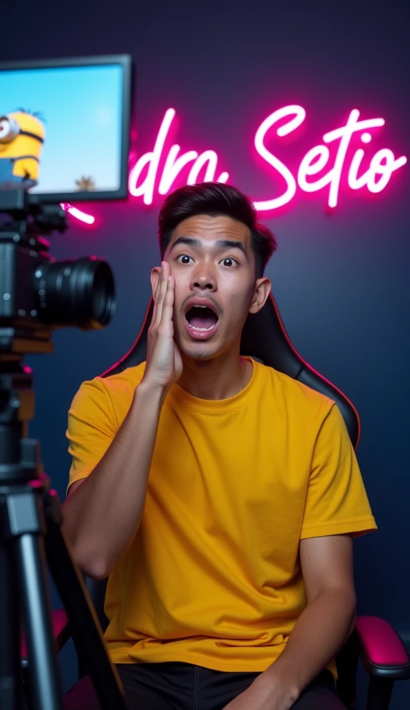original photo. young man with an Indonesian face.  hand on cheek, expression shocked, mouth open, eyes bulging. looking at the handphone camera. wearing a yellow  minion t-shirt. in front of the camera and tripod as if you were live streaming in a professional studio with a gaming chair. The back wall has the name "RENDRA SETIO" written in neon writing. the room looks aesthetic. Ultra-realistic 8K photos, taken with Leica Q2, strong color contrast and sharp clarity --ar --quality 2 --