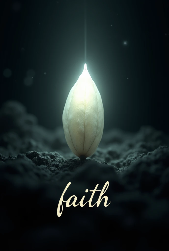 a image displaying a mustard seed shine a bright white light in the dark with the word faith at the bottom in cursive