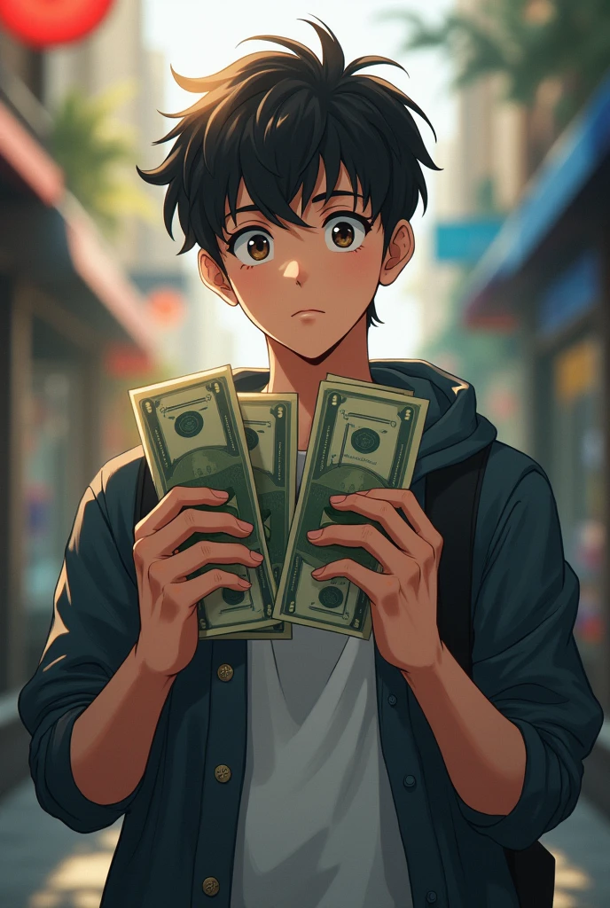 A young man standing with some money bills in hands, he's focused, he wears casual outfit, anime style, realistic full body portrait
