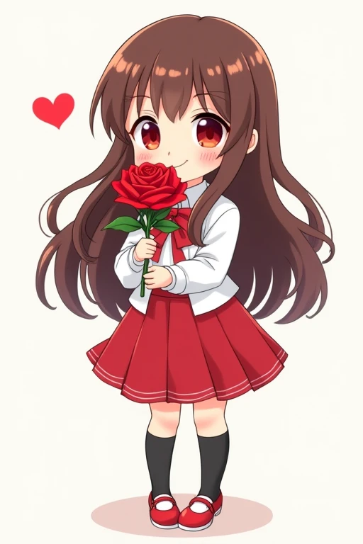 A cute, deformed illustration of a beautiful anime junior high school girl with long brown hair, red eyes, wearing a white dress shirt with a red handkerchief-shaped ribbon, a red skirt, black socks, and red shoes with white areas, smiling gently and holding a red rose in both arms as she offers it to you.