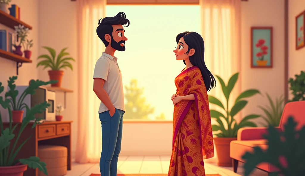 Create an cartoon image of a beautiful women wearing saree in front of her a man standing wearing white shirt and blue pant and they were talking to each other inside the house women is in normal expression