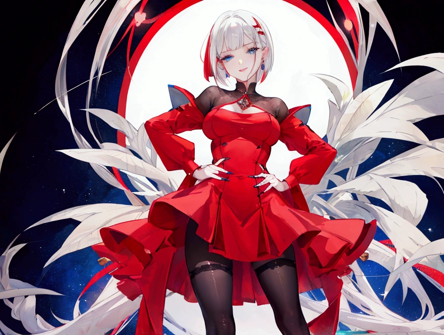 1 tall girl, breasts, medium breasts, white hair, nipples, blue diamante eyes, short hair, RED tips on a bob cut and one RED little hairline on the left side, smile, thighhighs, anklet, dress, earrings, gradient, gradient background, hand on hip, hands on hips, high heels, jewelry, lips, long sleeves, looking at viewer, makeup, nail polish, pantyhose, red dress, solo, standing, toenail polish
Информация