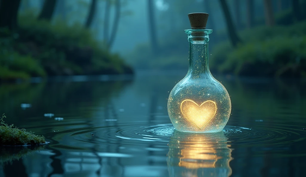 A crystal-clear lake in a secluded forest, with a beautifully intricate glass bottle floating in the water, containing a glowing love letter. The bottle emits a soft, ethereal light, illuminating the surrounding water and casting magical reflections on the nearby trees and plants, Dynamic pose, Strong contrast, Good depth of field, Masterpiece, Aesthetic Mystical illustration in realistic style, best quality, natural light, high res, highly detailed, All the colors and materials in this work are very harmoniously combine, Like the same color. Best quality. 8K Ultra HD. bioluminescent nature