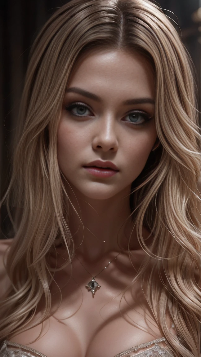 Create the wide-shot full-body image of a handsome vampire, Just Woke Up from a Deep Sleep, noble and elegant girl, Beautiful alluring colorless eyes, A vampire with a refined and elegant appearance, she has a lot of time, Loose hair and angular features, her skin should be pale and flawless, With a touch of potus transcendental beauty, her eyes should be deep and seductive, With a predatory glow, An allusion to their insatiable bloodlust, (They have to wear sheer erotic clothes, That are transparent, modern and timeless, with a candle in hand), Her style refers to the long history of human life, When she wakes up from a deep sleep, she Should Exercise Calm Confidence, Exudes an aura of danger and intrigue, The background should be shrouded in shadow, Just a hint of moonlight broke through the darkness, In the hands of vampires, There should be a small vial of blood, Based on their latest victims, she should be content and a little worried about their hunger, How would they know about the danger, What is presented to others, gothic art style, Ultra-realistic realism, Psychedelic surrealist art, Surreal psychedelic design, Dreaming style, psychedelic art, Quality Quantity, skin texture, intricate details, (cinematic graphic lighting), RAW, 8K,