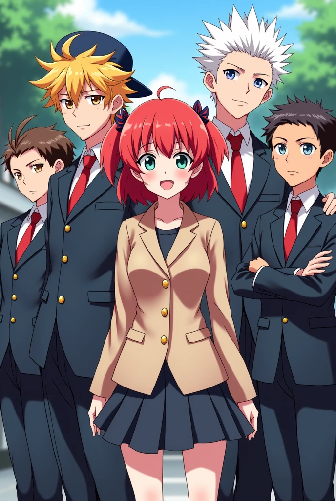 5 anime boy and one girl with a friendly distance in a group pic with Japanese school uniform all boy have difference among them I need one girl first boy on left side he have a cap on his head and on the left side of the girl he have spiky hair golden and the girl is so cute and the right side of the girl have white hair and white eyes and at last the right side of the picture he have look like oreki all the characters have many differences among them the girl have red hair 