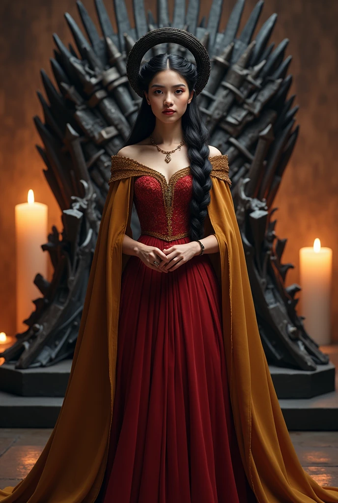 A beautiful Young  and beautiful princess with long black hair wearing a royal Red cotton Fabric Princess gown with dark golden cotton cloak, Her blackhair braided around her head like a ring, A black ring shaped flat large plane tiara on her head, She's standing straight, Iron throne from house of dragons on her background, candles around,  Photorealistic 