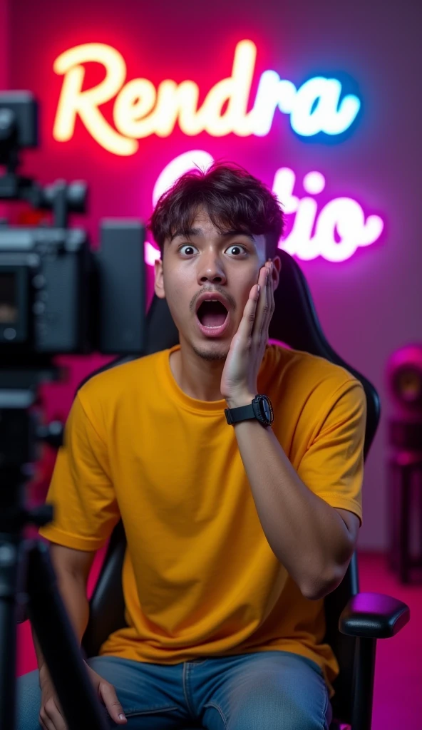 original photo. young man with an Indonesian face. hand on cheek, expression shocked, mouth open, eyes bulging. looking at the handphone camera. wearing a yellow minion t-shirt. in front of the camera and tripod as if you were live streaming in a professional studio with a gaming chair. The back wall has the name "RENDRA SETIO" written in neon writing. the room looks aesthetic. Ultra-realistic 8K photos, taken with Leica Q2, strong color contrast and sharp clarity --ar --quality 2 --