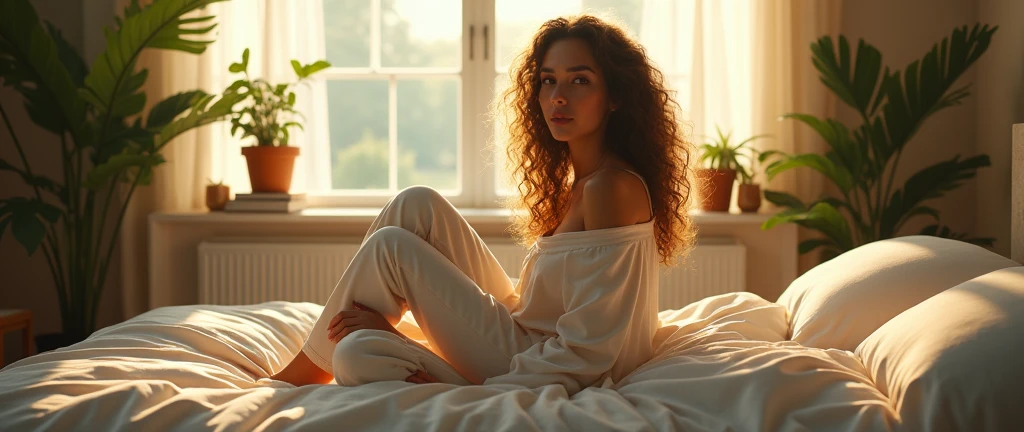 (photorealism:1.2), beautiful woman, sitting on bed, wearing loose off-shoulder top, pajama pants, long curly hair, indoors, soft lighting, plants in background, window with sunlight, cozy room, relaxed pose, realistic, intricate details, warm colors, by Greg Rutkowski, by Alphonse Mucha