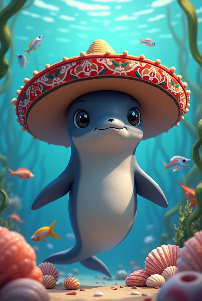 Vaquita marina with Mexican hat animated with seashells