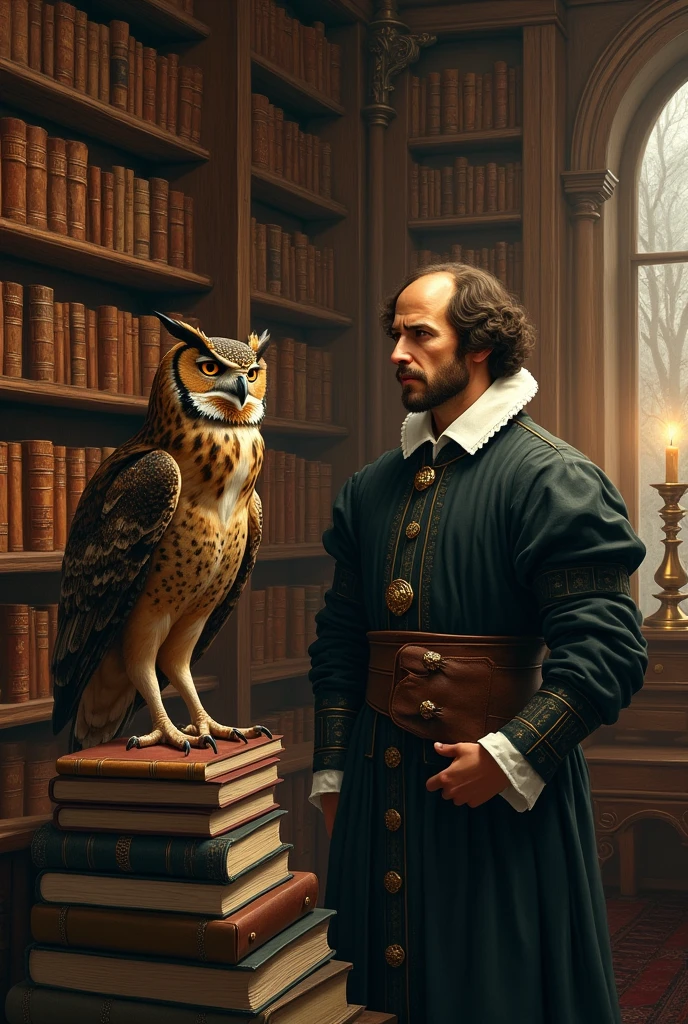 Shakespeare, theatre, writer, with an brown owl, bookstore 