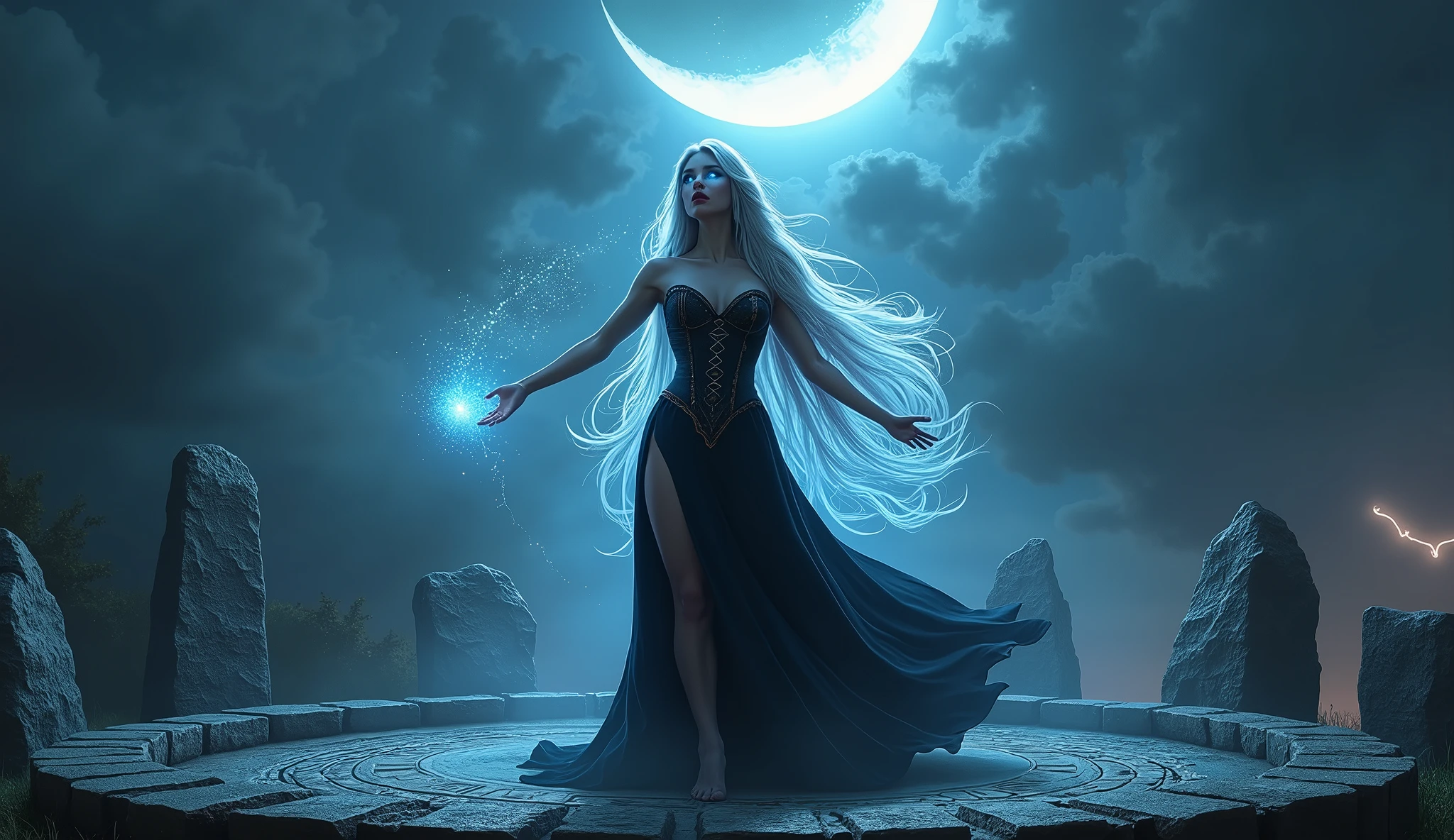 A seductive witch with long silver hair stands in the center of a stone circle under a crescent moon. She wears a black corset and a flowing skirt with high slits, exposing her legs. Her arms are outstretched as she casts a spell, with glowing runes appearing in the air around her. Her eyes shine with a magical blue light, and sparks of magic dance around her. The night sky above is filled with swirling clouds, and lightning crackles in the distance, adding to the dramatic and powerful atmosphere. Aim for realistic depiction, make sure photos are at highest resolution (8K)