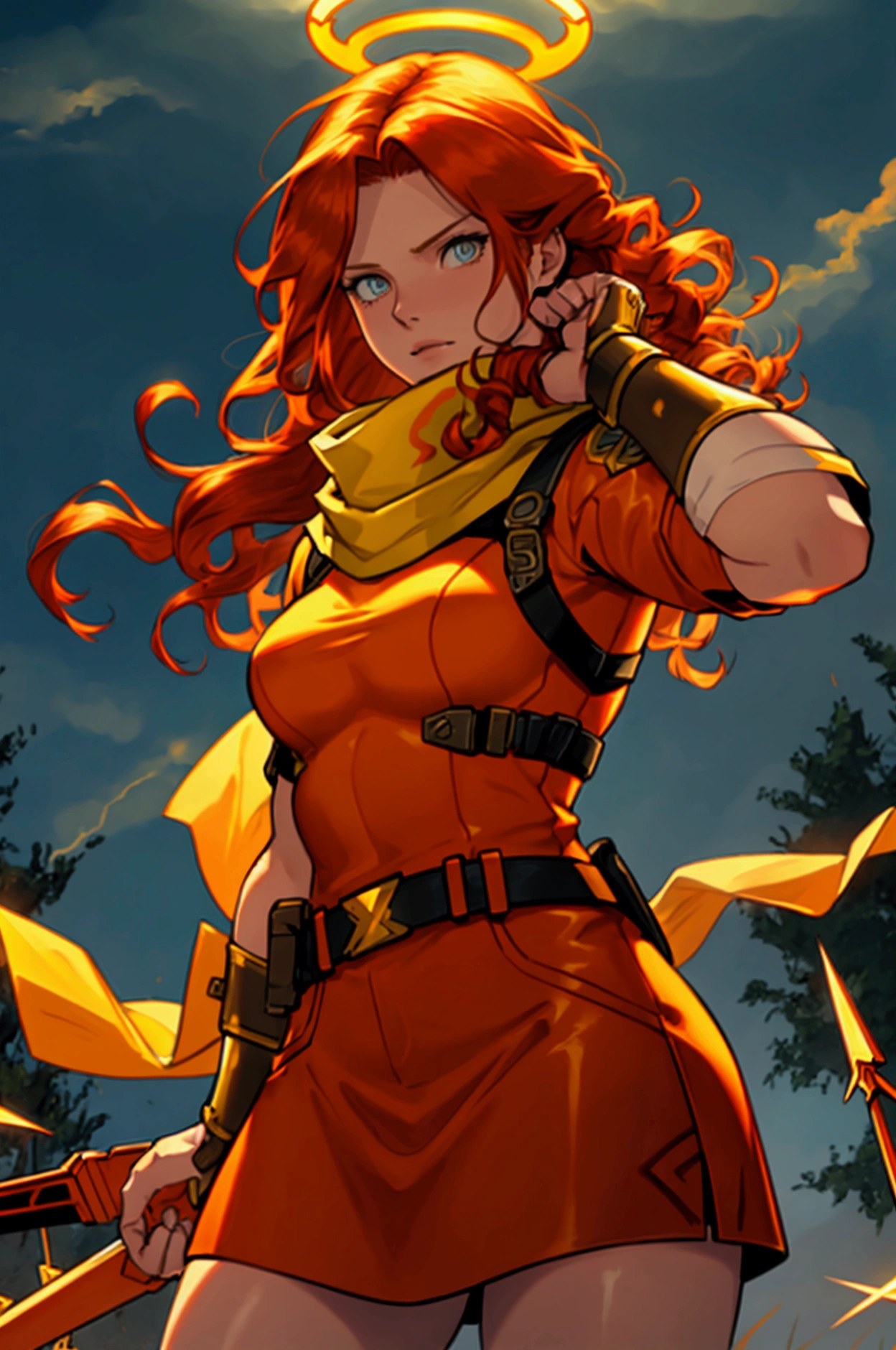 Claire Redfield; long curly ginger hair; aasimar,eyes glowing with golden light, halo, yellow color scarf, orange color tanned armor ; airbending; air, wind, lightning,autumn, angel, bow with electric arrows; Venus