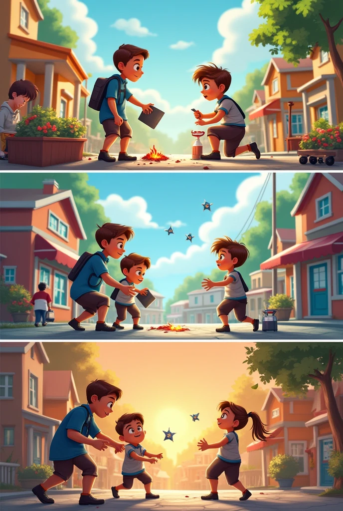 A Pixar-style drawing about the 3 steps of first aid: protect, warn and rescue the injured