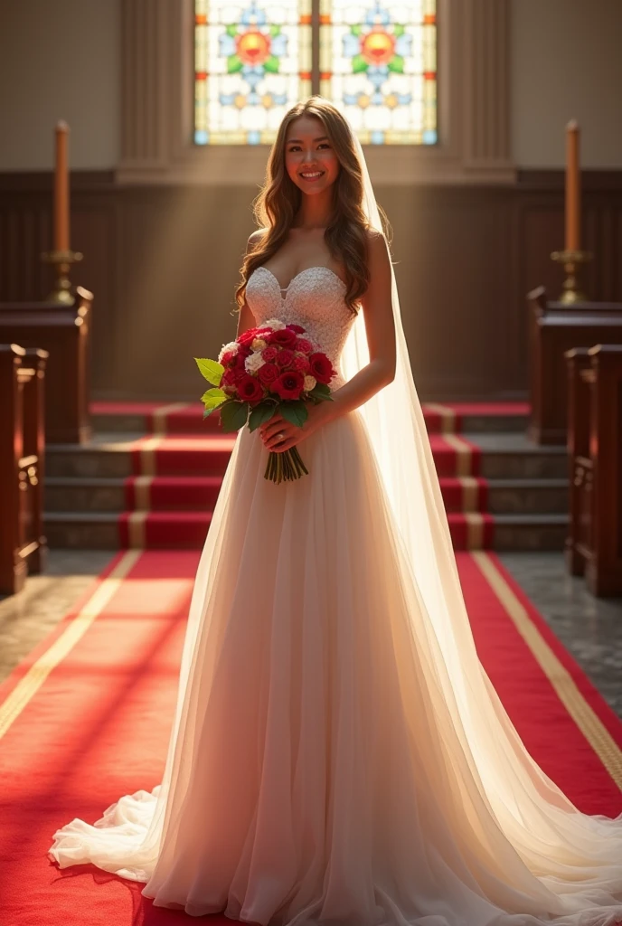 ((Bust))(( masterpiece. real photos. Super high quality))AMY put on her most beautiful.The most gorgeous.The most noble wedding dress.Standing on the red carpet in a church with stained glass.She has a happy smile on her face.She held a large bouquet of bright roses in her hands.And AMY is more beautiful than flowers.