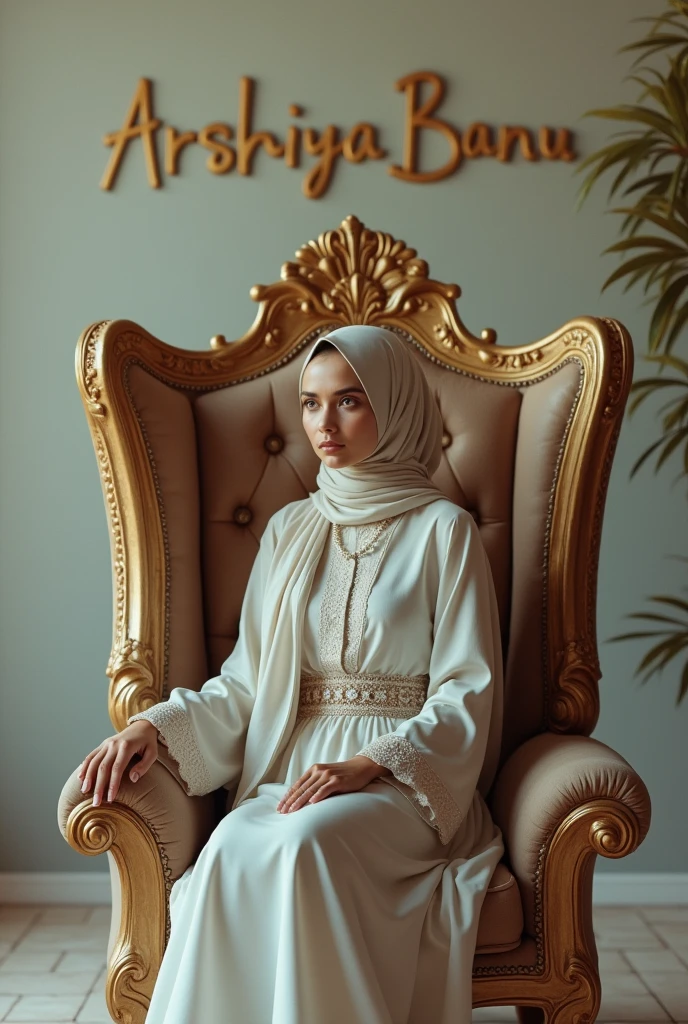 A young gorgeous muslim girl sitting in a big chair and behind the wall written "Zaiba Shareef"