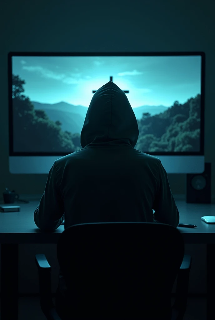 a man in a hood in a dark room in front of the computer on the computer screen there must be a Christian cross with a panoramic view