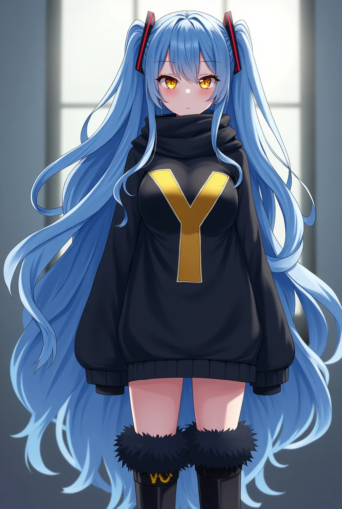 Anime style girl with long blue hair, almost orange yellow eyes with a sweater that reaches to her feet with black furry boots, the black sweater with a black scarf and with a yellow and golden colored y in the middle of the sweater, tall and with large and noticeable breasts and with a short skirt