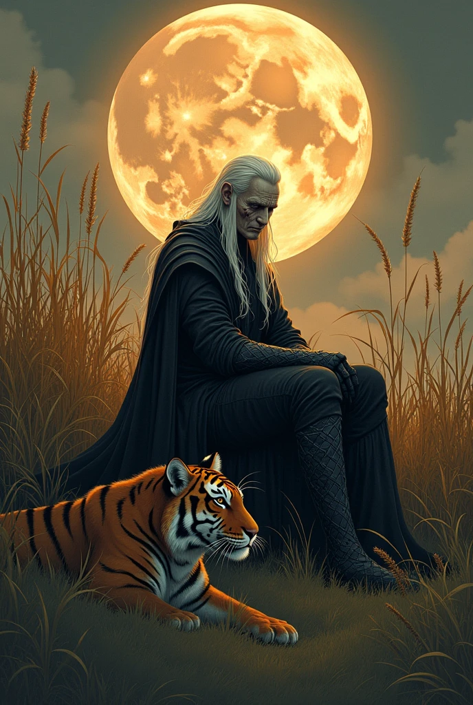 Male necromancer scarred skinny black armour long white hair resting  in high grass with young tiger harvest moon art deco style 