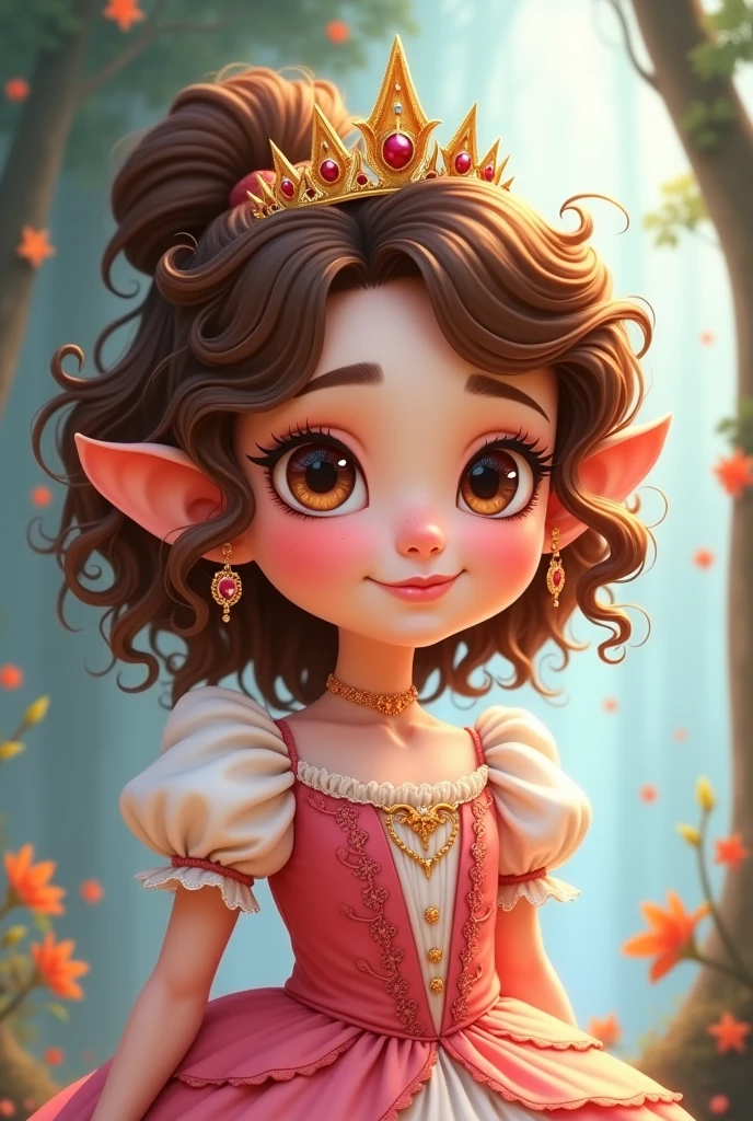 Create a photo of a girl with brown curly hair, her face is white, her eyes are light brown, her nose is thin, her mouth is small, her cheeks are big, her ears are big, she is wearing a princess dress. In the form of a cartoon