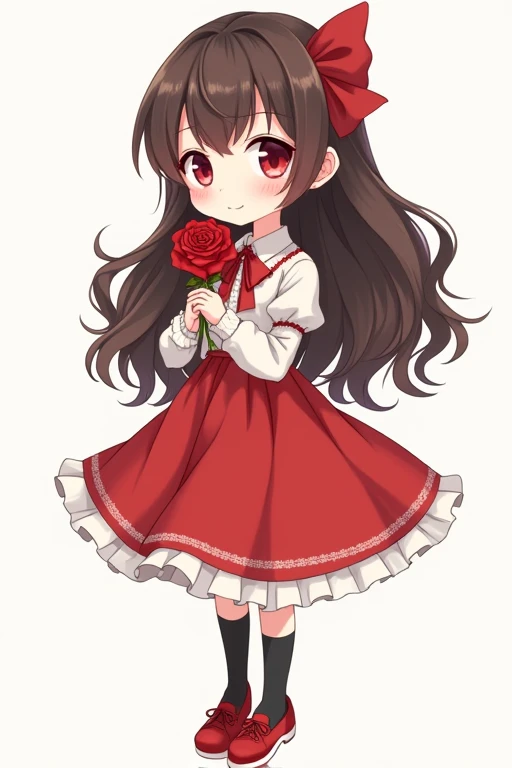 A deformed illustration of a cute anime beautiful girl with long brown hair, red eyes, wearing a white dress shirt with a red handkerchief-shaped ribbon, a red skirt, black socks, and red shoes with white areas, smiling gently and holding a red rose in both arms.