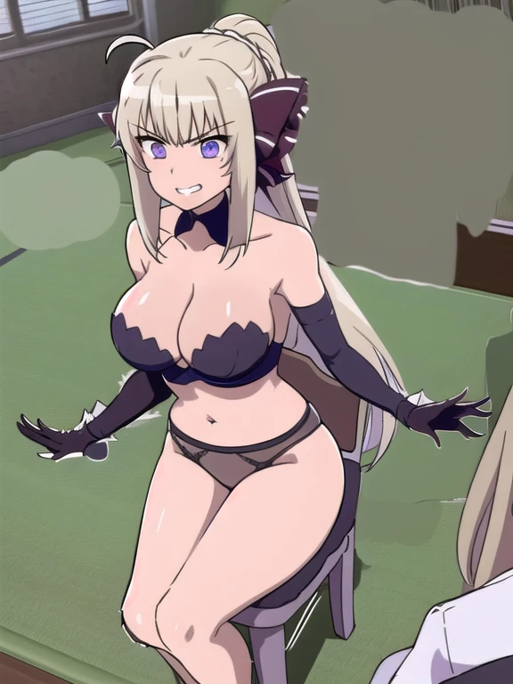 prison, concrete wall, concrete floor, ((bare shoulders)), ((black bustier)), ((black stockings)), ((black g-string)), ((black high heels)), ((black garter belt)), ((black elbow gloves)), ((chair)), ((female sitting in a chair)), ((evil grin)), otk spanking, 1girl spanking 1boy, ((stare at viewer with stern eyes)),
One person, Long Hair, Purple eyes, chest, Ahoge, very Long Hair, large breasts, ribbon, hair ribbon, ponytail, bangs,