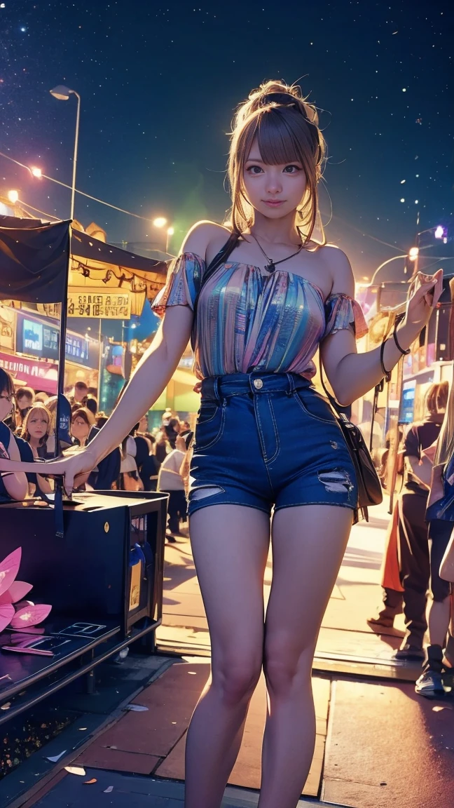 ((masterpiece)),(((Highest quality))),Comiket scenery、Big Sight、International Exhibition Hall、Thin thighs,Long legs,whole body:1.5，(:1.3),(もっと美しいsummerのラフな格好：1.3),(Wearing light casual clothes:1.2),Short Blonde:1.2、Idol Pose，summer、flowerpunk、Idol Group、Sparkle Effect、Light effect particles、Vivid gradients