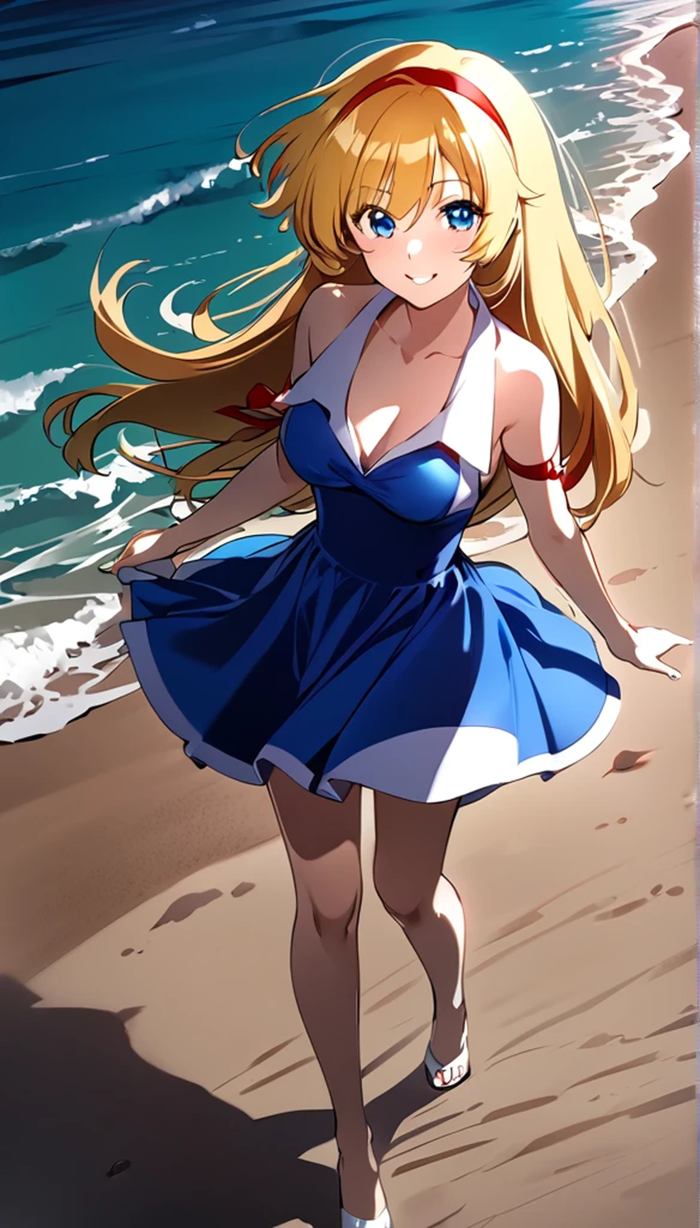 (Anime artwork, Anime Style, Studio Anime, Very detailed, up to date, Vibrant, Anime Coloring Book, High Contrast, masterpiece:1.2, Highest quality, Best aesthetics),((kisaragi honey:1.4)), (blonde hair:1.1), summer dress, (hair band, red), BREAK score_9, score_8_up, score_7_up, source_anime, best quality, (blue eyes:1.1), (She walked along the beach in the sunset, her bare feet touching the water, the closest she came to seeing that smile:1.1), (cinematic angle:1.1),