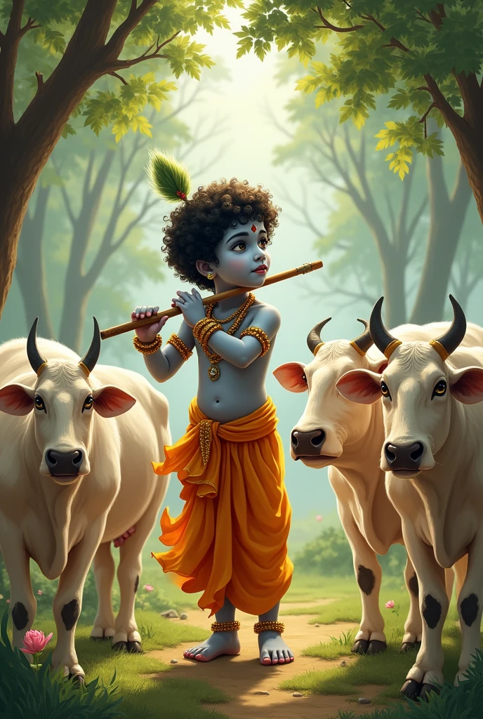 भगवान कृष्णको बाल रूप ग्वाला भै वृन्दावन मा गाई कृष्ण चराउँदै रुख मुनी बाँसुरी लिएर बजाउँदै हुनुहुन्छ वरिपरि गाई पशुपन्छी र साथी हरुपनि धुन सुनेर मोहित भएका छन्