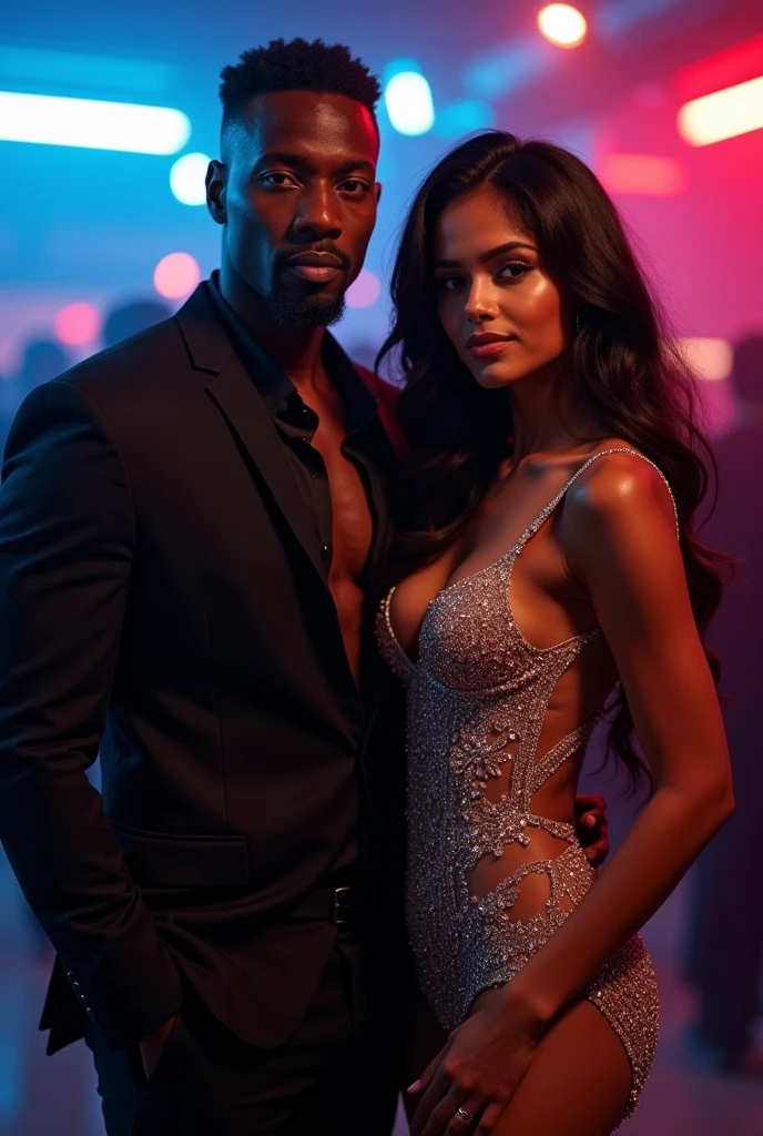 Couple , black man, tall, muscular, indian woman, sexy dress, nightclub,posing for photo, front pose