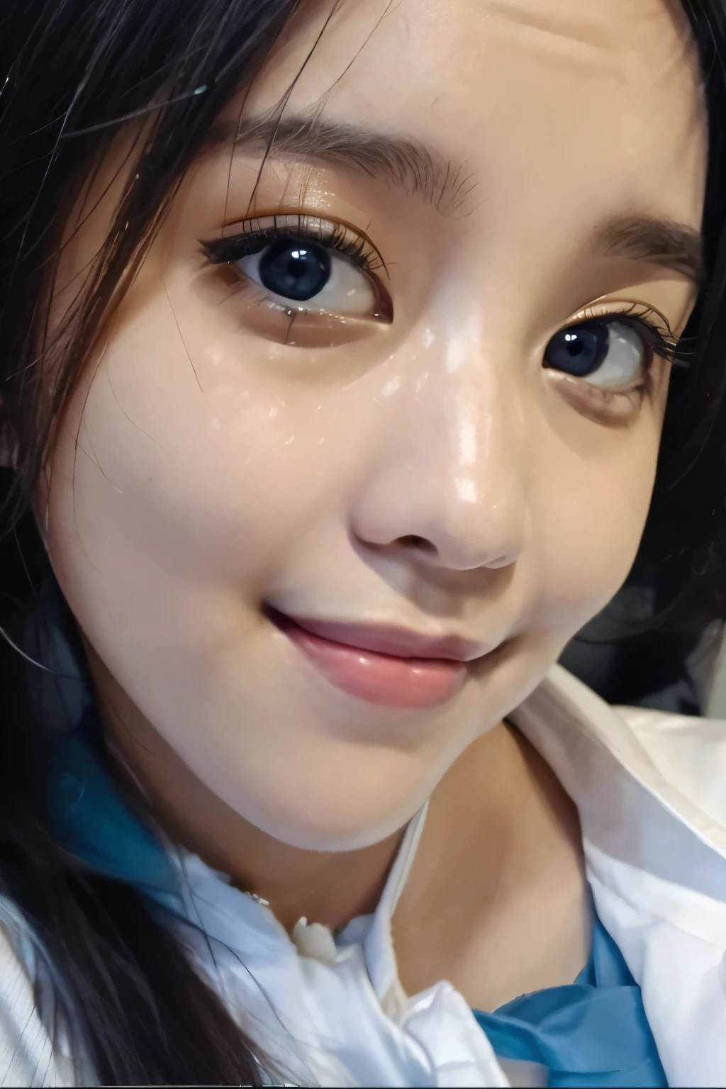 masterpiece, best quality, high resolution, woman, 1 Girl, Wearing Indonesian high , Selfie, close up, Black short hair, White shirt, Light blue tie, Number 17, Gentle smile, , Shut your mouth