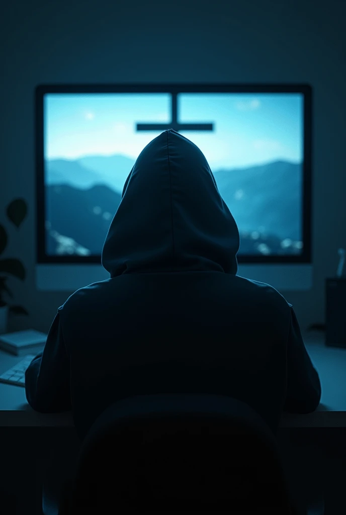 a man in a hood in a dark room in front of the computer on the computer screen there must be a Christian cross with a panoramic view 
