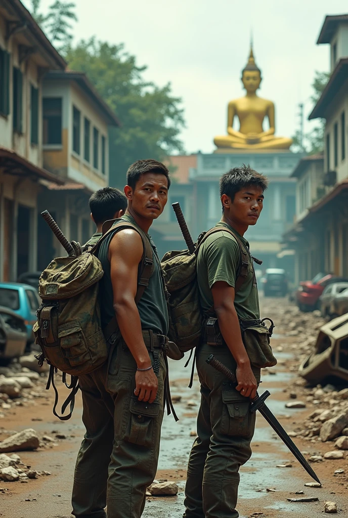 Create realistic images Thai men stand to the side and turn their heads to look forward. On the back, he carries a camouflage backpack. Both hands gripped the hilt of the Katana sword. Clothes were stained and partially torn. Standing in the middle of a road full of overturned car wreckage. The background is an abandoned building. Thai style building and there is a large yellow Buddha statue.