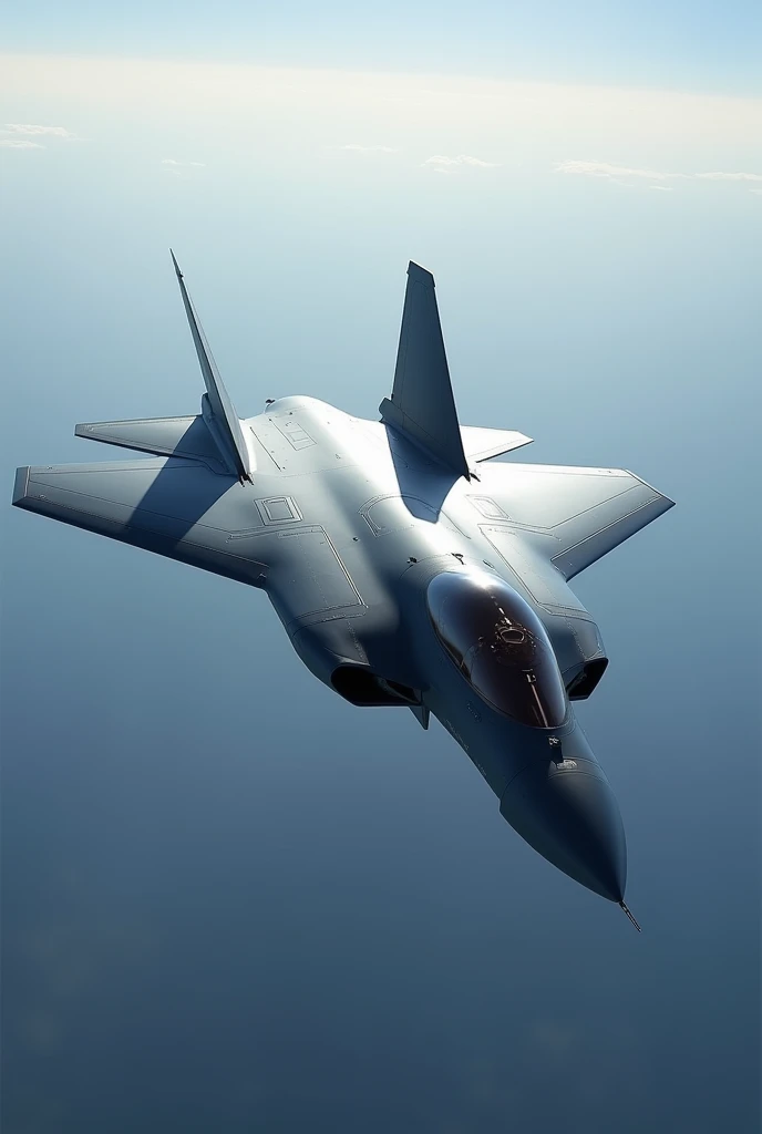 "Create a realistic image of a futuristic 7th generation fighter jet inspired by the YF-23. Include these key features:
Sleek, aerodynamic body with no sharp edges
Twin canted V-tails similar to YF-23, but more integrated into the fuselage
No vertical stabilizers
Retractable wings that blend seamlessly with the body
No visible external weapons or fuel tanks
Cockpit integrated into the airframe, barely visible
Smooth, featureless surface suggesting advanced stealth technology
Subtle engine nozzles, almost invisible when closed
Show the aircraft in flight against a sky background. Emphasize its stealth characteristics and futuristic design that evolves beyond the YF-23 concept."