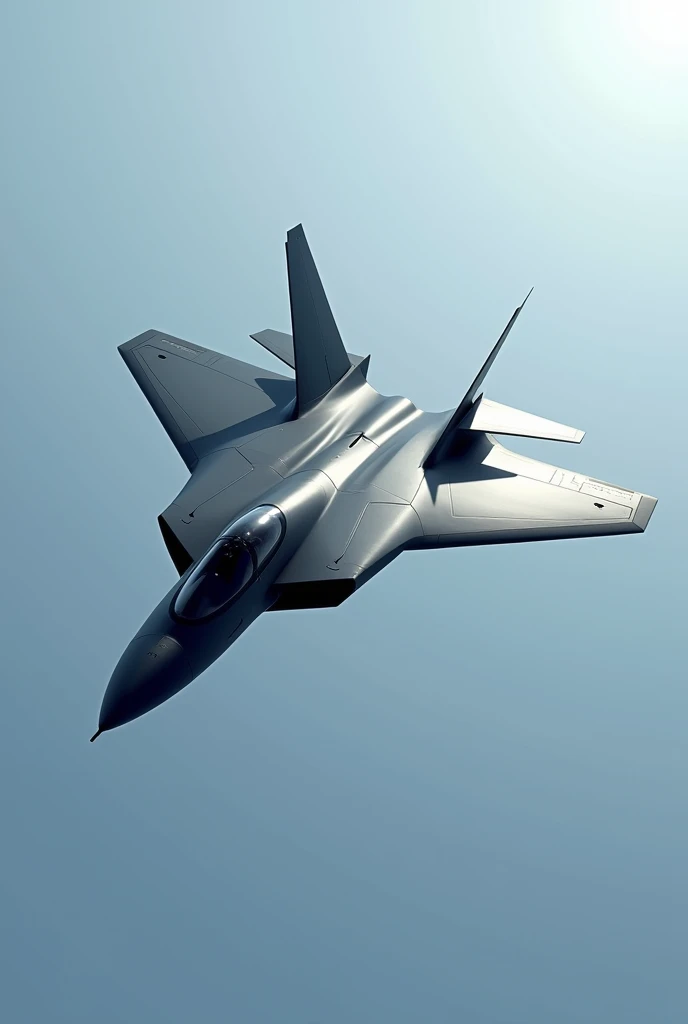 "Create a realistic image of a futuristic 7th generation fighter jet inspired by the YF-23. Include these key features:
Sleek, aerodynamic body with no sharp edges
Twin canted V-tails similar to YF-23, but more integrated into the fuselage
No vertical stabilizers
Retractable wings that blend seamlessly with the body
No visible external weapons or fuel tanks
Cockpit integrated into the airframe, barely visible
Smooth, featureless surface suggesting advanced stealth technology
Subtle engine nozzles, almost invisible when closed
Show the aircraft in flight against a sky background. Emphasize its stealth characteristics and futuristic design that evolves beyond the YF-23 concept."