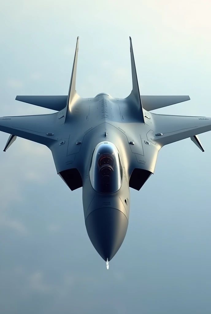 "Create a realistic image of a futuristic 7th generation fighter jet inspired by the YF-23. Include these key features:
Sleek, aerodynamic body with no sharp edges
Twin canted V-tails similar to YF-23, but more integrated into the fuselage
No vertical stabilizers
Retractable wings that blend seamlessly with the body
No visible external weapons or fuel tanks
Cockpit integrated into the airframe, barely visible
Smooth, featureless surface suggesting advanced stealth technology
Subtle engine nozzles, almost invisible when closed
Show the aircraft in flight against a sky background. Emphasize its stealth characteristics and futuristic design that evolves beyond the YF-23 concept."