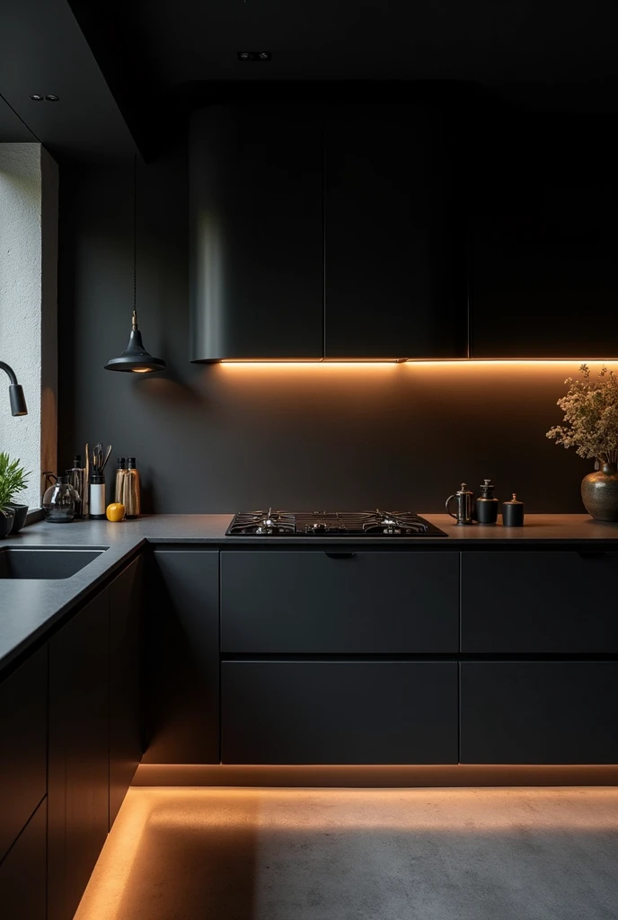 Create a modern black minimalist complete kitchen design that incorporates different light sources, as recessed lights, Pendant lights and under cabinet lights. May the light be warm