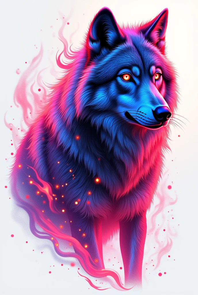  picture of a neon wolf with neon fire lights printed on white T-shirt and a guy wearing it