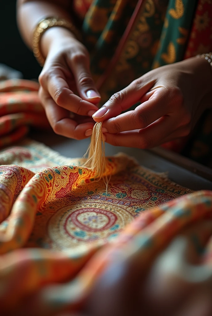 Pulling silk thread from silk sarees