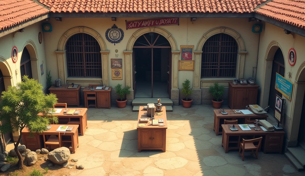 *Maharashtrian Police Station Setup:**
"A rural police station in Maharashtra, India, blending traditional and modern elements. The set features weathered wooden desks, metal filing cabinets, and the Indian government's **Satyamev Jayate emblem** prominently displayed on the wall. Maps of India and Maharashtra hang beside photos of Gandhi, Netaji, and Bhagat Singh. The design incorporates a courtyard with a small banyan tree, surrounded by arched doorways and traditional red-tiled roofing. There are pani math (water pots) in the corner, a pin board filled with case files, and a holding cell with iron bars. The overall atmosphere combines functional police station elements with traditional Maharashtrian architecture, creating an authentic rural law enforcement space."