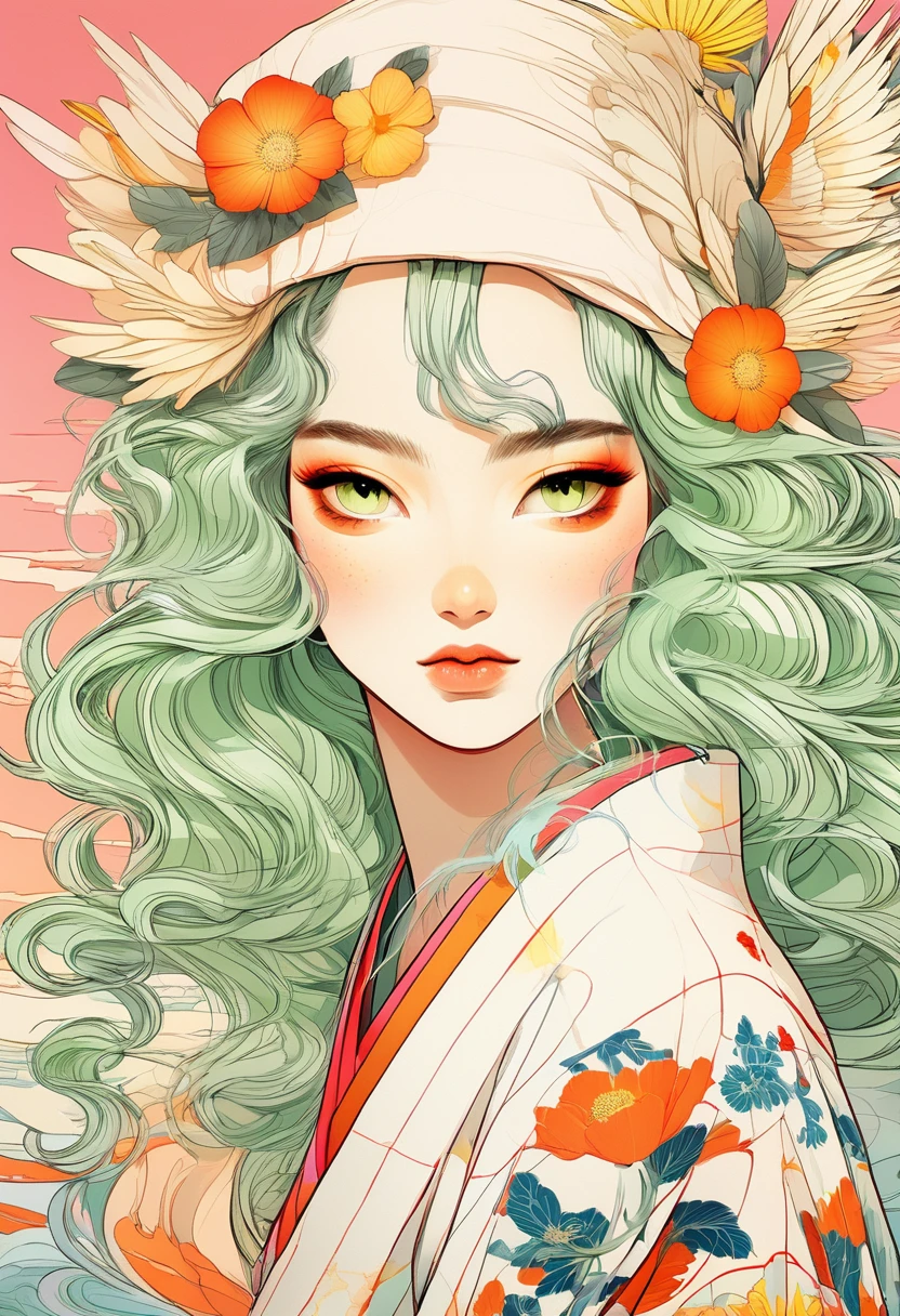 A mesmerizing surreal illustration of a young japanese woman. She has pastel green hair with blunt bangs, yellow eyes, and wears a vibrant pastel colored outfit adorned with intricate floral patterns. Freckles dot her smooth, warm complexion, and bold, colorful tattoos cover her arms and legs. The tattoos feature traditional Japanese motifs like flowers and mythical creatures, rendered with meticulous detail in a pastel color palette. The background is a vintage floral-patterned wallpaper that complements the artwork's colors. The line work is precise, with delicate shading that gives the illustration a 3D quality. The artwork fuses modern illustration techniques with traditional Japanese aesthetics, resulting in a visually striking, portrait,
