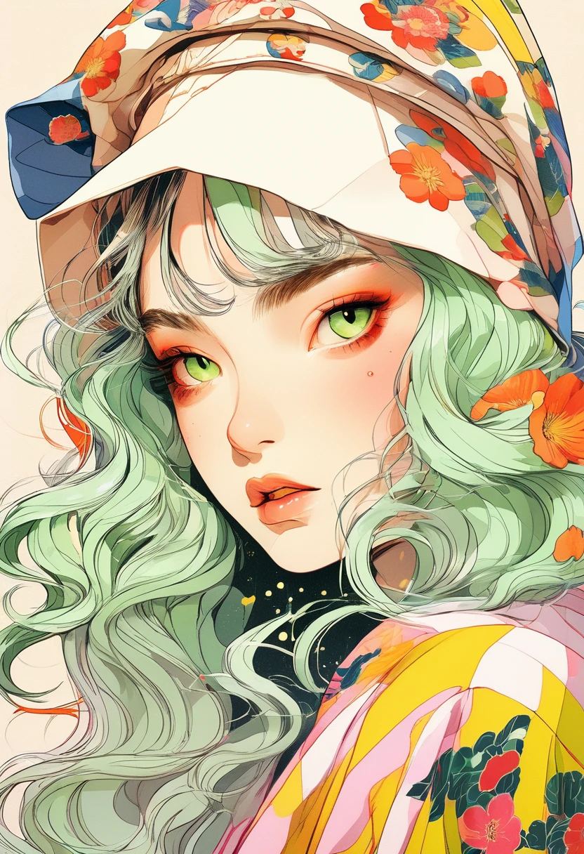 A mesmerizing surreal illustration of a young japanese woman. She has pastel green hair with blunt bangs, yellow eyes, and wears a vibrant pastel colored outfit adorned with intricate floral patterns. Freckles dot her smooth, warm complexion, and bold, colorful tattoos cover her arms and legs. The tattoos feature traditional Japanese motifs like flowers and mythical creatures, rendered with meticulous detail in a pastel color palette. The background is a vintage floral-patterned wallpaper that complements the artwork's colors. The line work is precise, with delicate shading that gives the illustration a 3D quality. The artwork fuses modern illustration techniques with traditional Japanese aesthetics, resulting in a visually striking, portrait,
