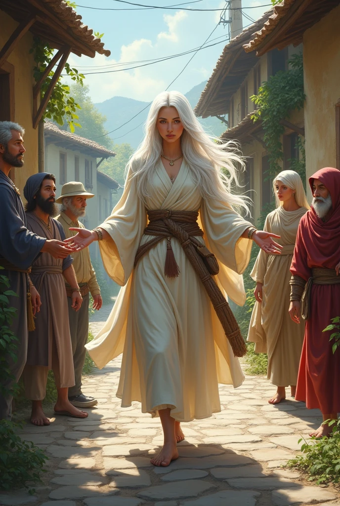 white-haired mage with the power to heal walking around the village without her mage clothes