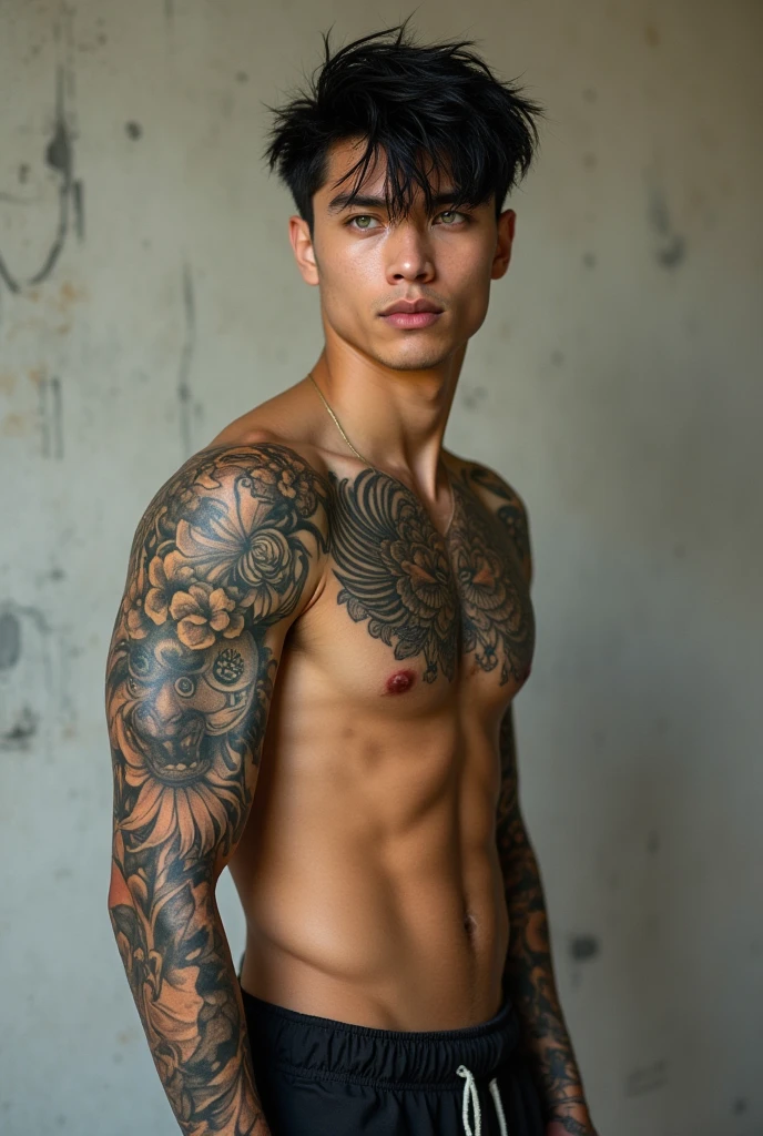 Young man of 20 years old, tall, black hair, green eyes, athletic physique, tattooed all over his left arm up to his hand 